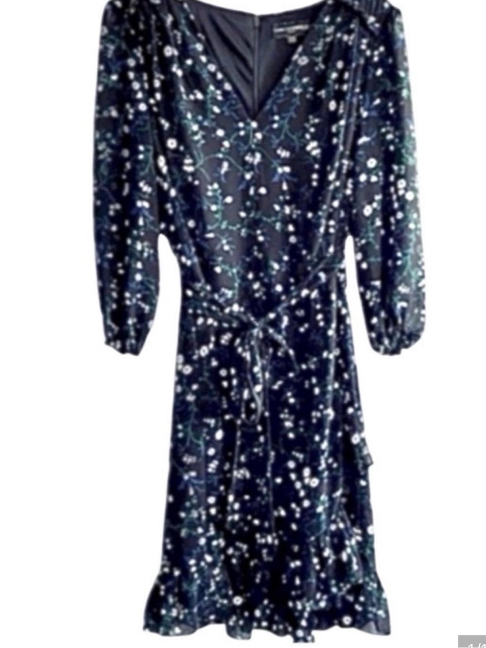 Karl Lagerfeld Chiffon Belted V-neck Dress Ditsy Floral Black Blue Size 14